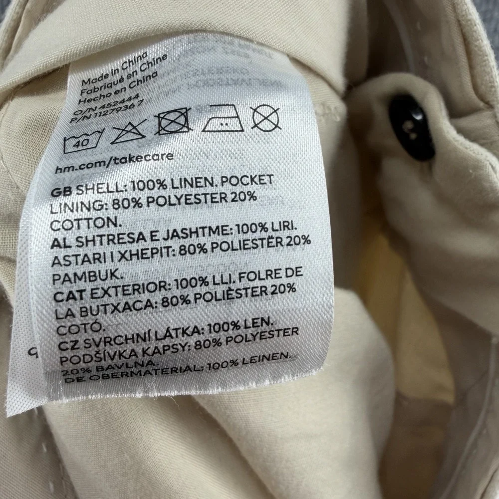 H&M women's 100%‎ linen wide leg trousers cream pleated loose fit size 34 summer